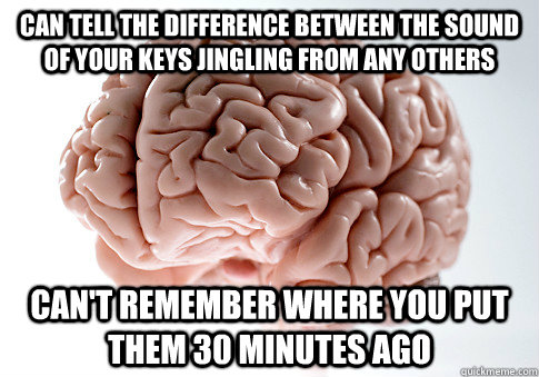 Can tell the difference between the sound of your keys jingling from any others Can't remember where you put them 30 minutes ago - Can tell the difference between the sound of your keys jingling from any others Can't remember where you put them 30 minutes ago  Scumbag Brain