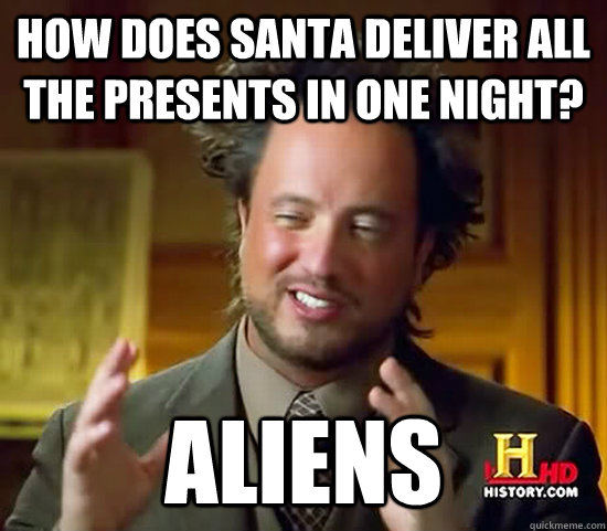 How does santa deliver all the presents in one night? aliens  Ancient Aliens