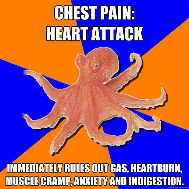 Chest Pain: 
Heart Attack Immediately Rules Out Gas, heartburn, muscle cramp, anxiety and indigestion.  Online Diagnosis Octopus