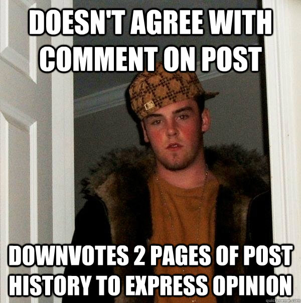 doesn't agree with comment on post downvotes 2 pages of post history to express opinion - doesn't agree with comment on post downvotes 2 pages of post history to express opinion  Scumbag Steve