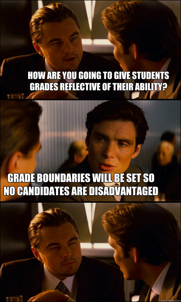 how are you going to give students grades reflective of their ability? grade boundaries will be set so no candidates are disadvantaged  Inception