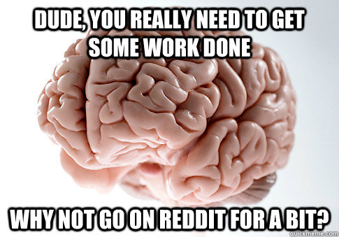 DUDE, YOU REALLY NEED TO GET SOME WORK DONE WHY NOT GO ON REDDIT FOR A BIT?  - DUDE, YOU REALLY NEED TO GET SOME WORK DONE WHY NOT GO ON REDDIT FOR A BIT?   Scumbag Brain