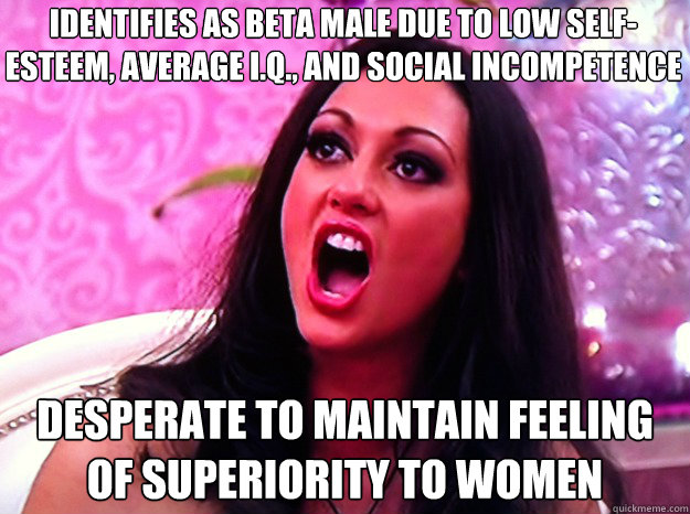 identifies as beta male due to low self-esteem, average I.Q., and social incompetence Desperate to maintain feeling of superiority to women  Feminist Nazi