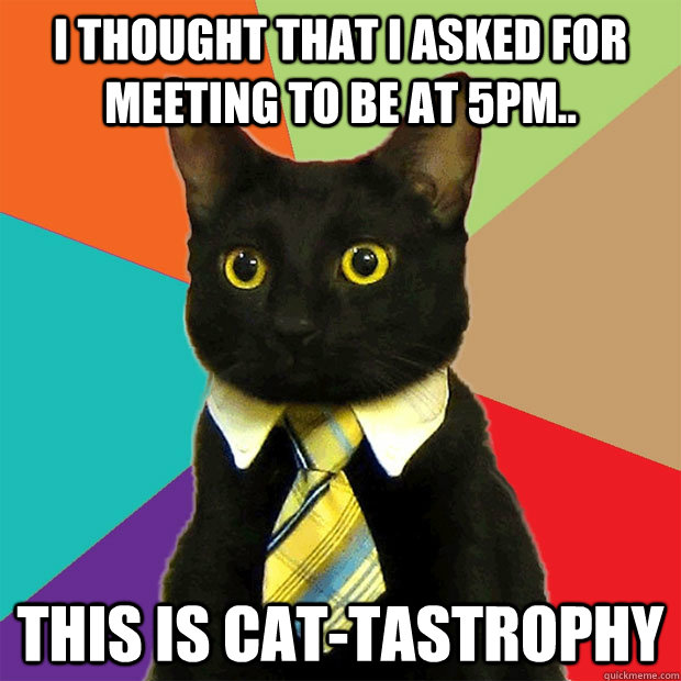 i thought that i asked for meeting to be at 5pm.. This is cat-tastrophy  Business Cat