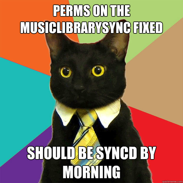 perms on the musicLibrarySync fixed should be syncd by morning  Business Cat