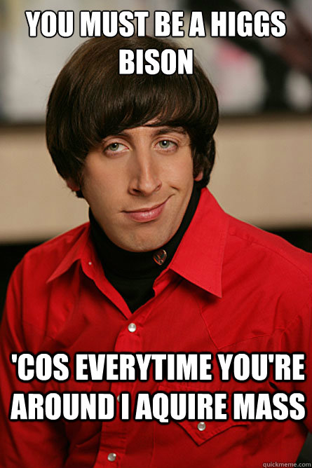 you must be a higgs bison 'cos everytime you're around i aquire mass  Pickup Line Scientist