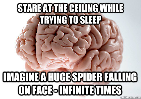 stare at the ceiling while trying to sleep Imagine a huge spider falling on face - infinite times  Scumbag Brain