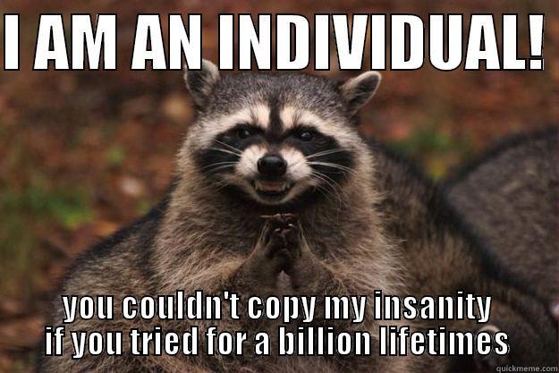 I AM AN INDIVIDUAL!  YOU COULDN'T COPY MY INSANITY IF YOU TRIED FOR A BILLION LIFETIMES Evil Plotting Raccoon