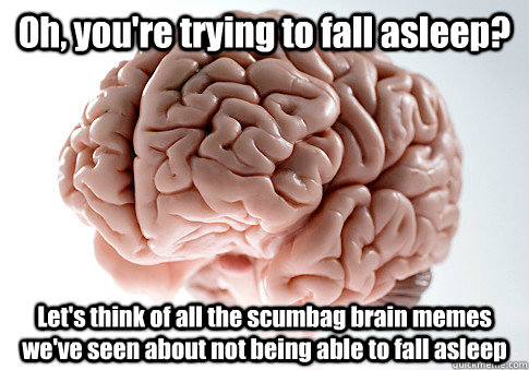 Oh, you're trying to fall asleep? Let's think of all the scumbag brain memes we've seen about not being able to fall asleep  Scumbag Brain