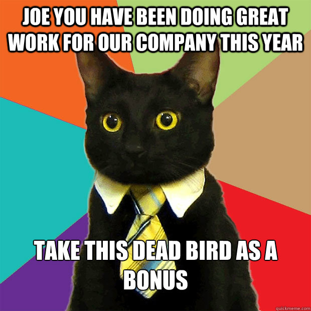 joe you have been doing great work for our company this year take this dead bird as a bonus  Business Cat