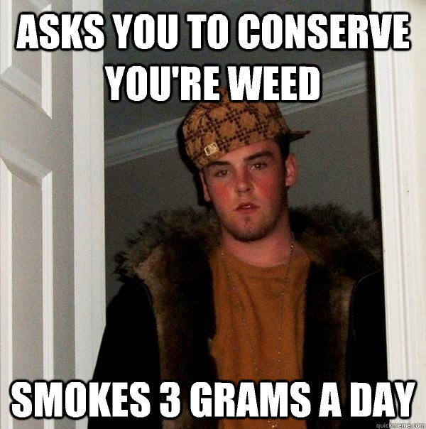 Asks you to conserve you're weed Smokes 3 grams a day  Scumbag Steve