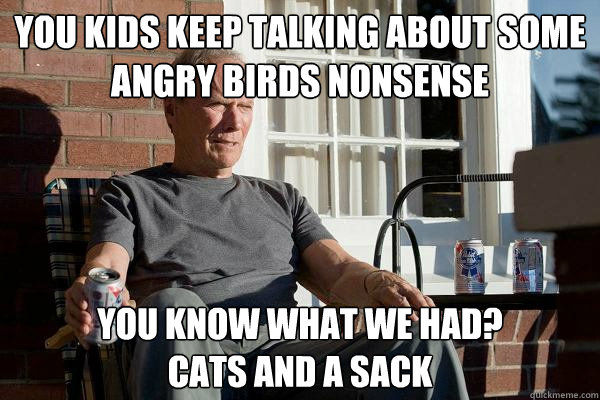 You kids keep talking about some Angry Birds nonsense You know what we had? 
Cats and a sack - You kids keep talking about some Angry Birds nonsense You know what we had? 
Cats and a sack  Feels Old Man