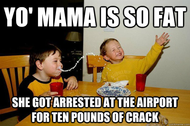 yo' mama is so fat  she got arrested at the airport for ten pounds of crack  yo mama is so fat