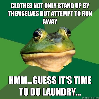 clothes not only stand up by themselves but attempt to run away Hmm...guess it's time to do laundry... - clothes not only stand up by themselves but attempt to run away Hmm...guess it's time to do laundry...  Foul Bachelor Frog