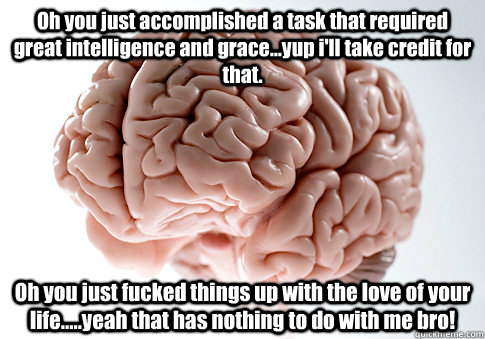 Oh you just accomplished a task that required great intelligence and grace...yup i'll take credit for that. Oh you just fucked things up with the love of your life.....yeah that has nothing to do with me bro!   Scumbag Brain