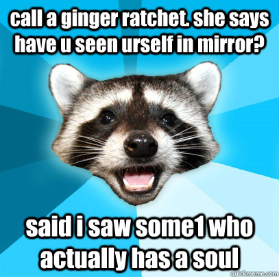 call a ginger ratchet. she says have u seen urself in mirror? said i saw some1 who actually has a soul - call a ginger ratchet. she says have u seen urself in mirror? said i saw some1 who actually has a soul  Lame Pun Coon