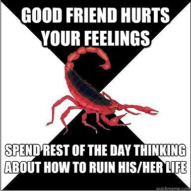 Good friend hurts your feelings  Spend rest of the day thinking about how to ruin his/her life  Borderline scorpion