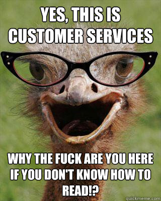 Yes, this is customer services Why the fuck are you here if you don't know how to read!?  Judgmental Bookseller Ostrich