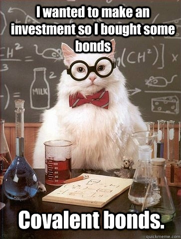 I wanted to make an investment so I bought some bonds Covalent bonds. - I wanted to make an investment so I bought some bonds Covalent bonds.  Chemistry Cat