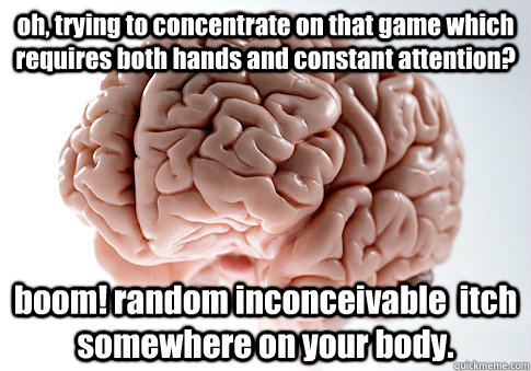 oh, trying to concentrate on that game which requires both hands and constant attention? boom! random inconceivable  itch somewhere on your body. - oh, trying to concentrate on that game which requires both hands and constant attention? boom! random inconceivable  itch somewhere on your body.  Scumbag Brain