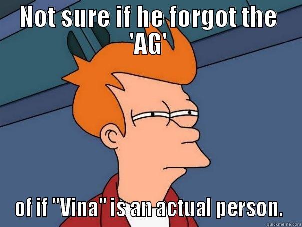 who is vina - NOT SURE IF HE FORGOT THE 'AG' OF IF 