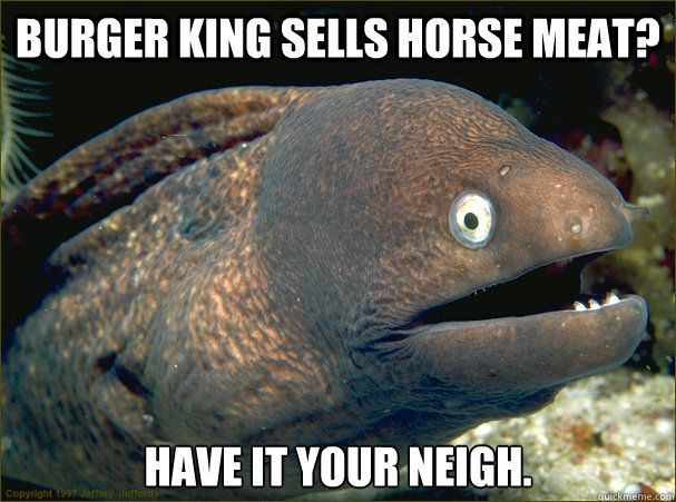Burger King sells horse meat? Have it your neigh.  Bad Joke Eel