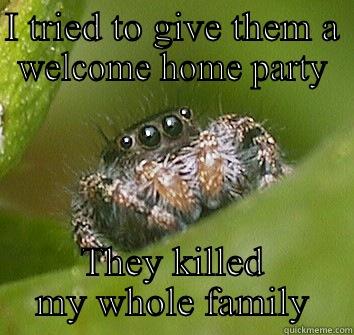 Poor spider - I TRIED TO GIVE THEM A WELCOME HOME PARTY THEY KILLED MY WHOLE FAMILY Misunderstood Spider