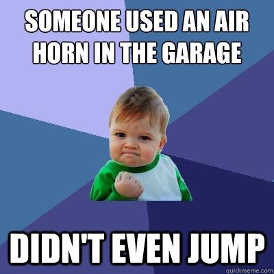 Someone used an air horn in the garage didn't even jump  Success Kid