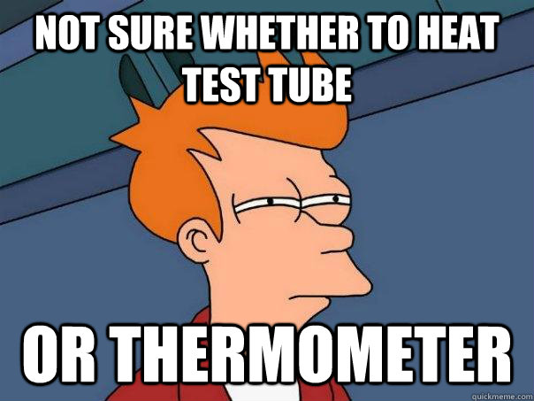 Not sure whether to heat test tube Or thermometer  Futurama Fry