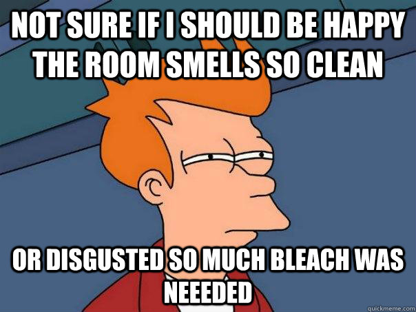 Not sure if I should be happy the room smells so clean  or disgusted so much bleach was neeeded  Futurama Fry