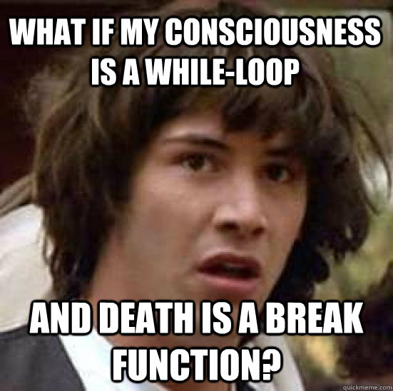 WHAT IF MY CONSCIOUSNESS is a while-loop and death is a break function?  conspiracy keanu