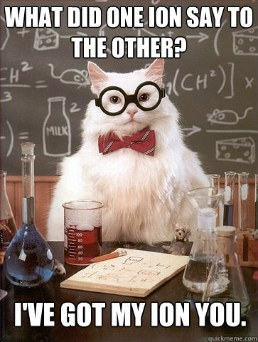 What did one ion say to the other?  I've got my ion you.  Chemistry Cat