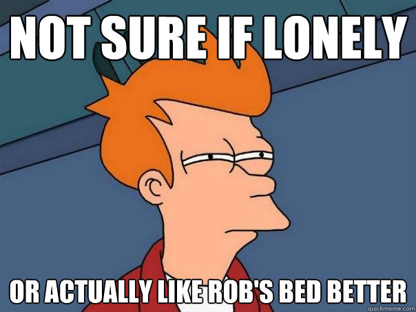 Not sure if lonely or actually like rob's bed better  Futurama Fry