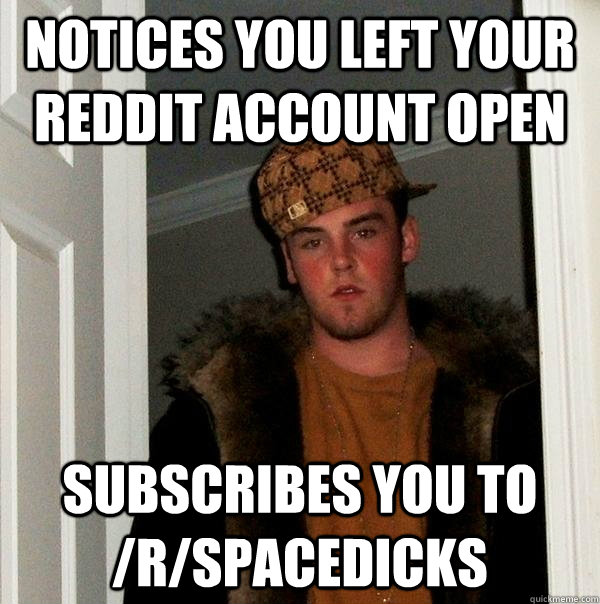 Notices you left your reddit account open Subscribes you to /r/spacedicks  Scumbag Steve