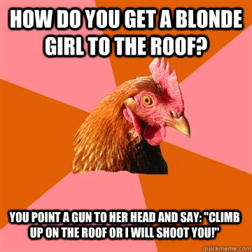 how do you get a blonde girl to the roof? you point a gun to her head and say: 