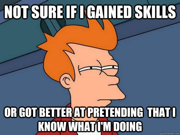 Not sure if I gained skills Or got better at pretending  that I know what I'm doing - Not sure if I gained skills Or got better at pretending  that I know what I'm doing  Futurama Fry