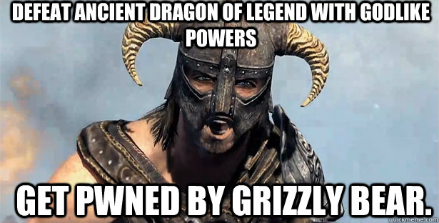 Defeat ancient dragon of legend with godlike powers Get pwned by grizzly bear.  skyrim