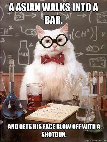A asian walks into a bar. And gets his face blow off with a shotgun. - A asian walks into a bar. And gets his face blow off with a shotgun.  Chemistry Cat