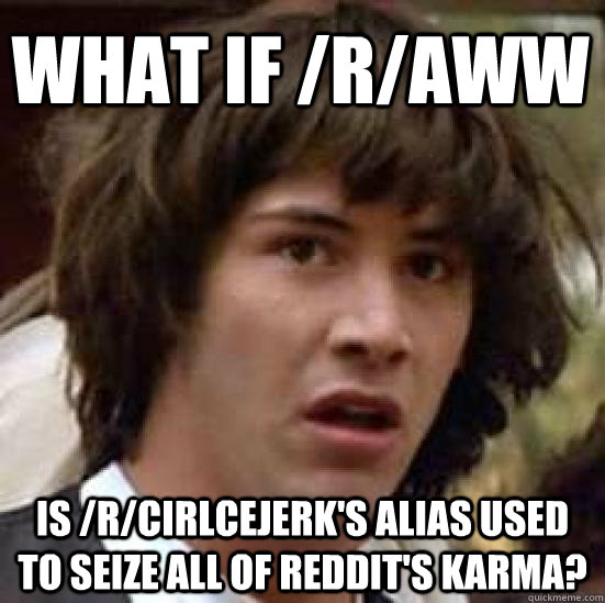 What if /r/aww is /r/cirlcejerk's alias used to seize all of reddit's karma?  conspiracy keanu