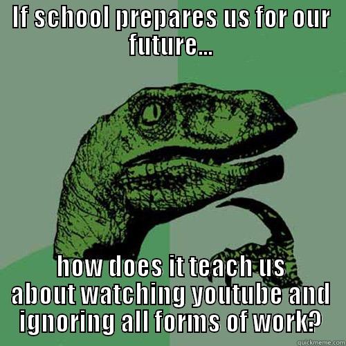 IF SCHOOL PREPARES US FOR OUR FUTURE... HOW DOES IT TEACH US ABOUT WATCHING YOUTUBE AND IGNORING ALL FORMS OF WORK? Philosoraptor