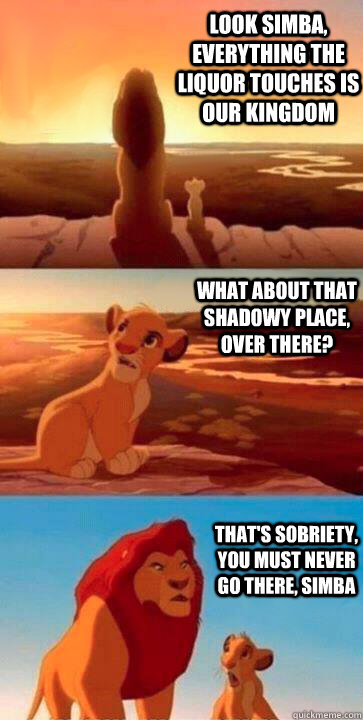 look simba, everything the liquor touches is our kingdom what about that shadowy place, over there? that's sobriety, you must never go there, simba - look simba, everything the liquor touches is our kingdom what about that shadowy place, over there? that's sobriety, you must never go there, simba  SIMBA