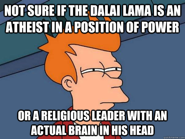 Not sure if the Dalai Lama is an atheist in a position of power Or a religious leader with an actual brain in his head  Futurama Fry