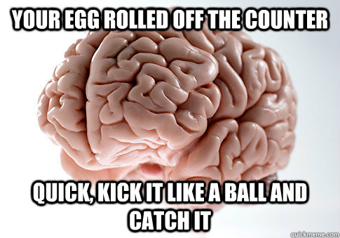 your egg rolled off the counter quick, kick it like a ball and catch it - your egg rolled off the counter quick, kick it like a ball and catch it  Scumbag Brain