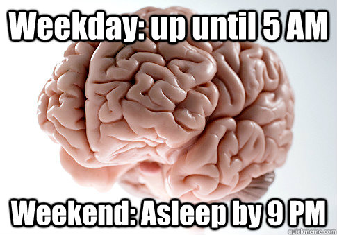 Weekday: up until 5 AM Weekend: Asleep by 9 PM  - Weekday: up until 5 AM Weekend: Asleep by 9 PM   Scumbag Brain