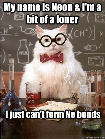 My name is Neon & I'm a bit of a loner I just can't form Ne bonds  Chemistry Cat