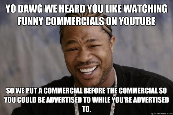 YO DAWG WE HEARD YOU LIKE watching funny commercials on youtube SO WE PUT a commercial before the commercial so you could be advertised to while you're advertised to.  