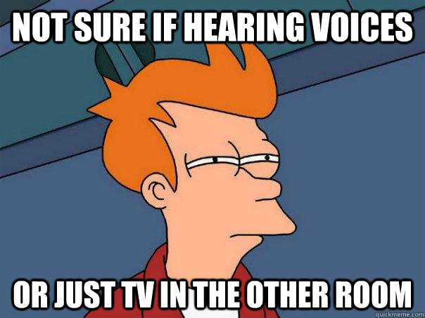 not sure if hearing voices or just tv in the other room  Futurama Fry