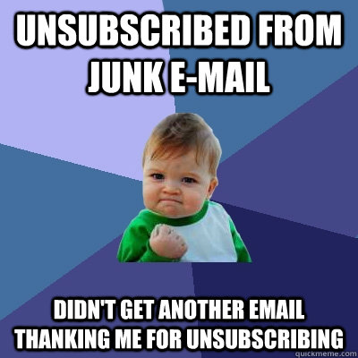 Unsubscribed from junk e-mail DIDN'T GET ANOTHER EMAIL THANKING ME FOR UNSUBSCRIBING  Success Kid