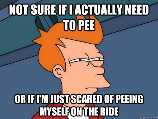 Not sure if I actually need to pee Or if I'm just scared of peeing myself on the ride  Futurama Fry