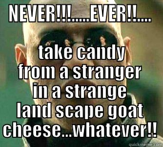 NEVER!!!.....EVER!!....  TAKE CANDY FROM A STRANGER IN A STRANGE LAND SCAPE GOAT CHEESE...WHATEVER!! Matrix Morpheus